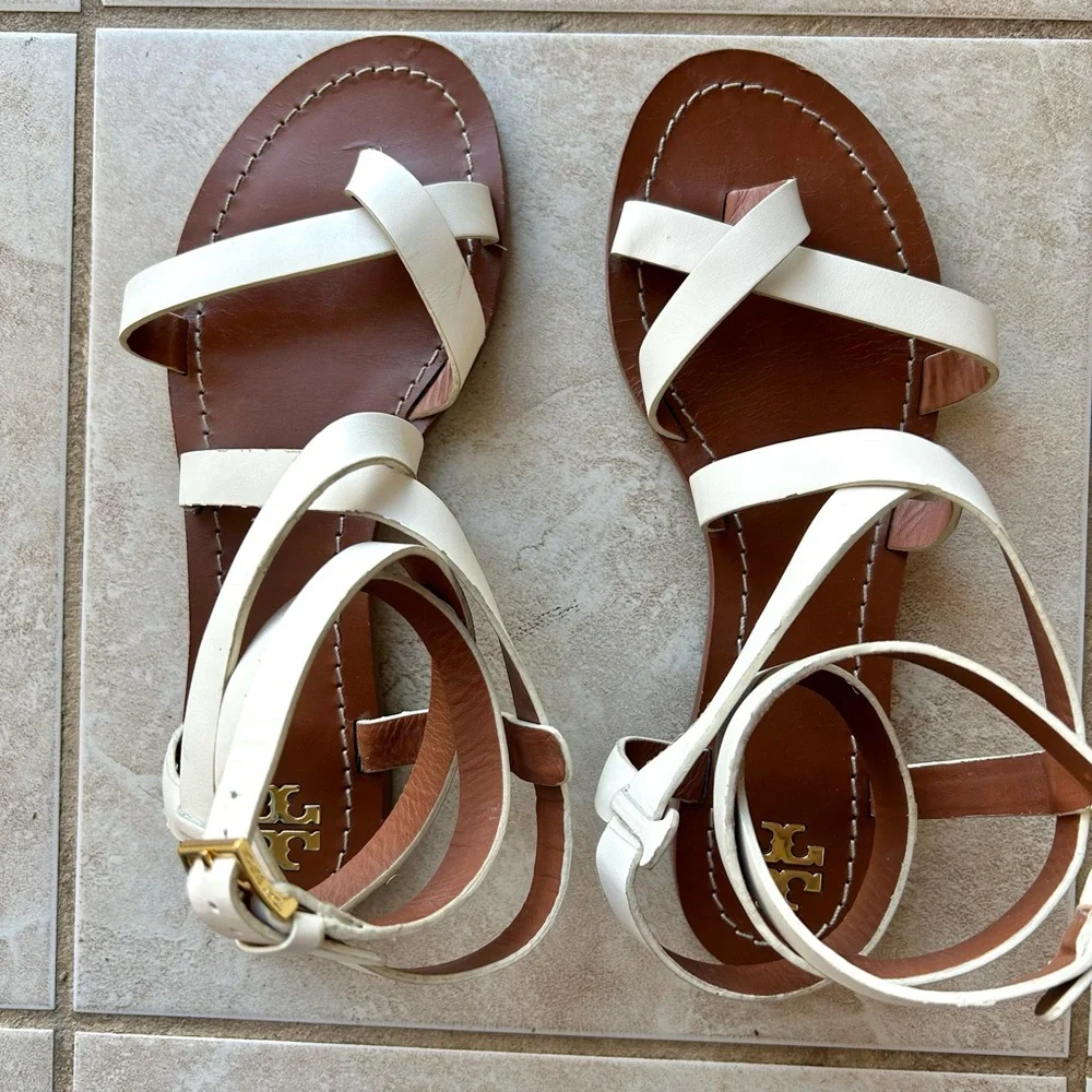 Tory Burch White Brown Sandals Gladiator Ankle Wrap Designer Leather Shoes Sz 9 - Picture 2 of 8